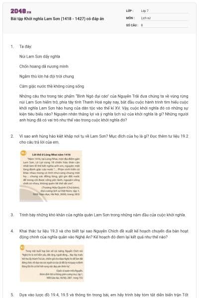 Bài tập Khởi nghĩa Lam Sơn (1418 - 1427) có đáp án