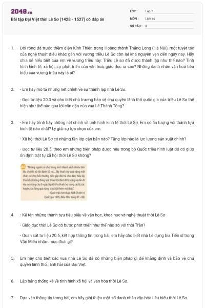 Bài tập Đại Việt thời Lê Sơ (1428 - 1527) có đáp án