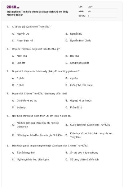 Trắc nghiệm Tìm hiểu chung về đoạn trích Chị em Thúy Kiều có đáp án