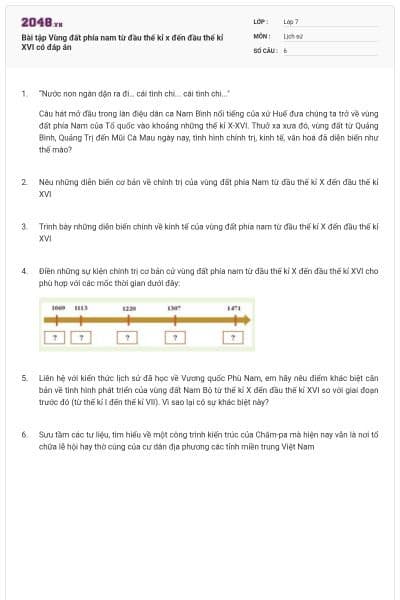 Bài tập Vùng đất phía nam từ đầu thế kỉ x đến đầu thế kỉ XVI có đáp án