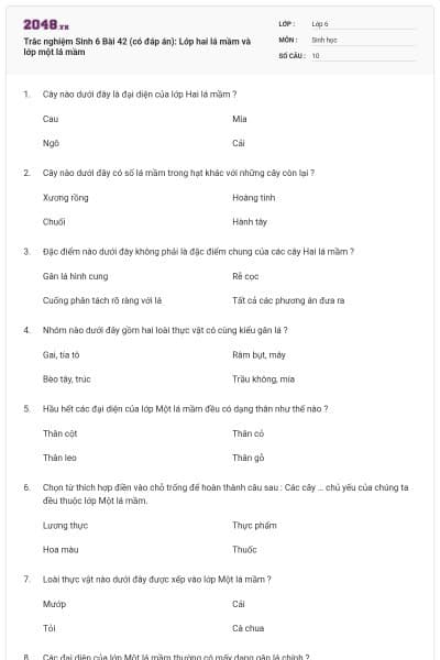 Trắc nghiệm Sinh 6 Bài 42 (có đáp án): Lớp hai lá mầm và lớp một lá mầm
