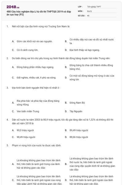 480 Câu trắc nghiệm Địa Lí từ đề thi THPTQG 2019 có đáp án cực hay (P2)