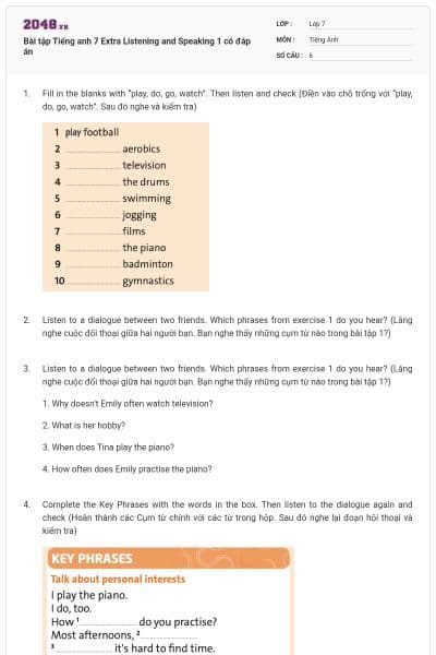 Bài tập Tiếng anh 7 Extra Listening and Speaking 1 có đáp án