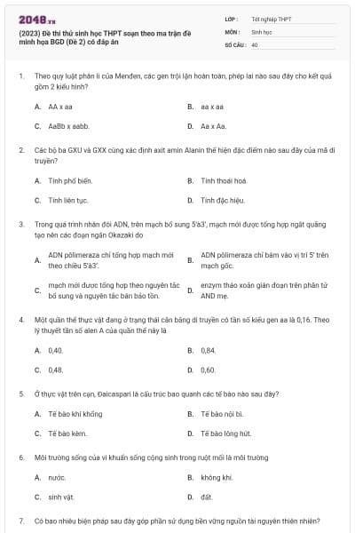 (2023) Đề thi thử sinh học THPT soạn theo ma trận đề minh họa BGD (Đề 2) có đáp án