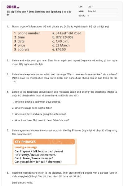Bài tập Tiếng anh 7 Extra Listening and Speaking 2 có đáp án