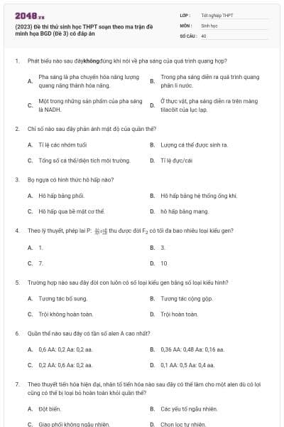 (2023) Đề thi thử sinh học THPT soạn theo ma trận đề minh họa BGD (Đề 3) có đáp án