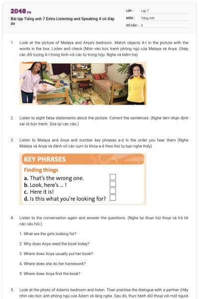 Bài tập Tiếng anh 7 Extra Listening and Speaking 4 có đáp án