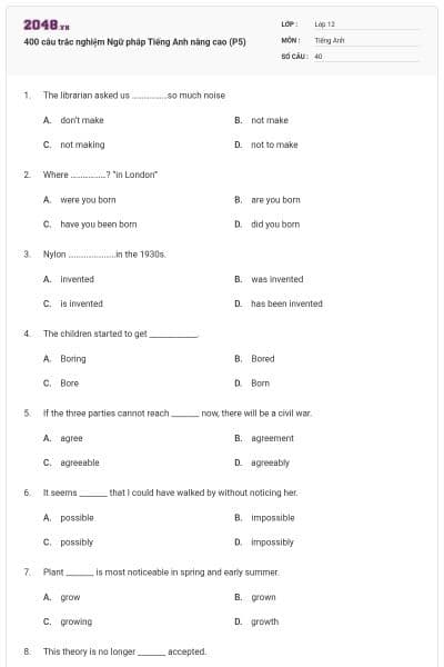 400 câu trắc nghiệm Ngữ pháp Tiếng Anh nâng cao (P5)