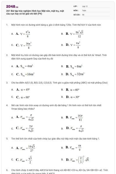 261 Bài tập trắc nghiệm Hình học Mặt nón, mặt trụ, mặt cầu cực hay có lời giải chi tiết (P4)