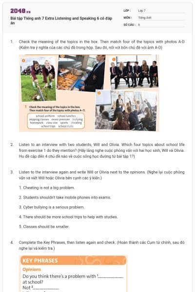 Bài tập Tiếng anh 7 Extra Listening and Speaking 6 có đáp án