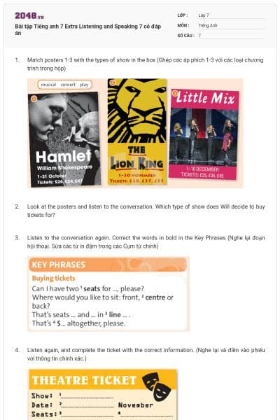 Bài tập Tiếng anh 7 Extra Listening and Speaking 7 có đáp án