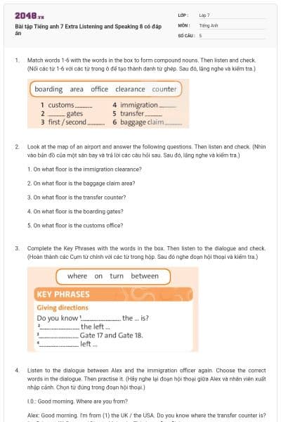 Bài tập Tiếng anh 7 Extra Listening and Speaking 8 có đáp án
