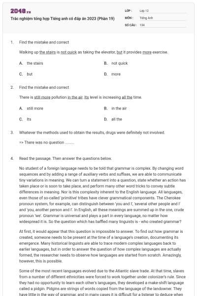 Trắc nghiệm tổng hợp Tiếng anh có đáp án 2023 (Phần 19)