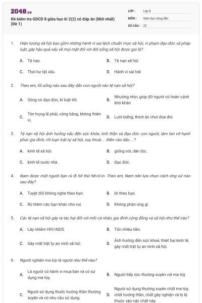 Đề kiểm tra GDCD 8 giữa học kì 2(2) có đáp án (Mới nhất) (Đề 1)