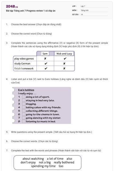 Bài tập Tiếng anh 7 Progress review 1 có đáp án