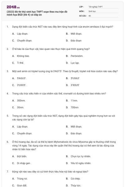 (2023) Đề thi thử sinh học THPT soạn theo ma trận đề minh họa BGD (Đề 4) có đáp án