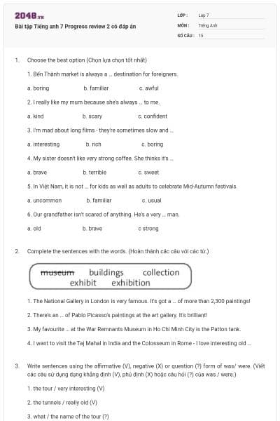 Bài tập Tiếng anh 7 Progress review 2 có đáp án