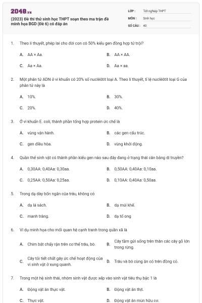 (2023) Đề thi thử sinh học THPT soạn theo ma trận đề minh họa BGD (Đề 6) có đáp án