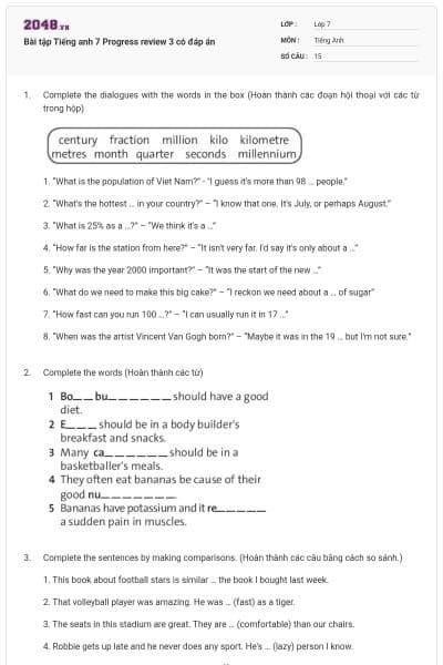 Bài tập Tiếng anh 7 Progress review 3 có đáp án