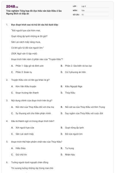 Trắc nghiệm Tổng hợp đề đọc hiểu văn bản Kiều ở lầu Ngưng Bích có đáp án