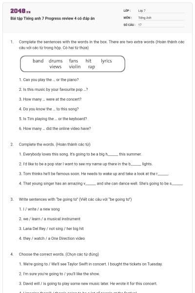 Bài tập Tiếng anh 7 Progress review 4 có đáp án