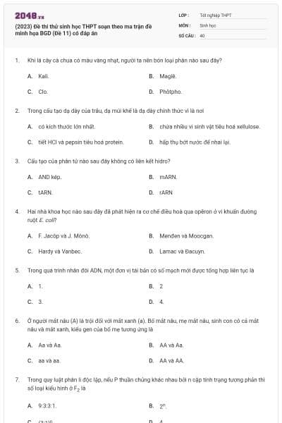 (2023) Đề thi thử sinh học THPT soạn theo ma trận đề minh họa BGD (Đề 11) có đáp án