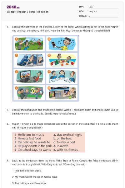 Bài tập Tiếng anh 7 Song 1 có đáp án