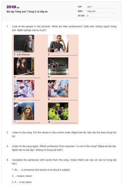 Bài tập Tiếng anh 7 Song 5 có đáp án