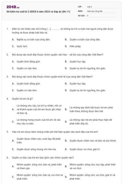 Đề kiểm tra cuối kì 2 GDCD 6 năm 2023 có đáp án (Đề 11)
