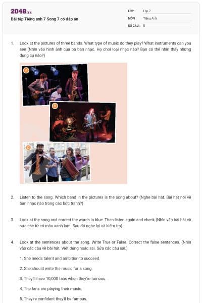 Bài tập Tiếng anh 7 Song 7 có đáp án