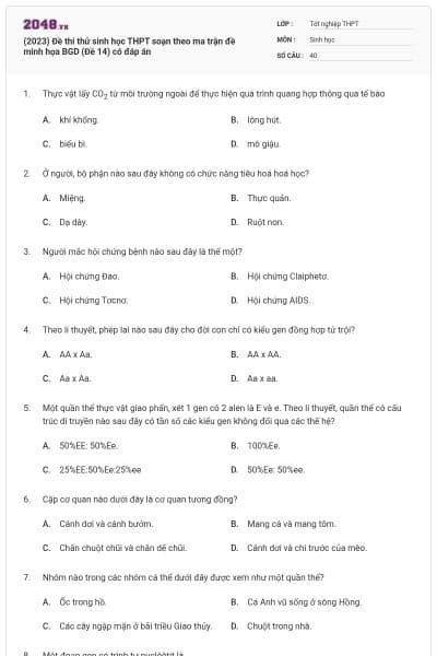 (2023) Đề thi thử sinh học THPT soạn theo ma trận đề minh họa BGD (Đề 14) có đáp án
