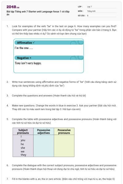 Bài tập Tiếng anh 7 Starter unit Language focus 1 có đáp án