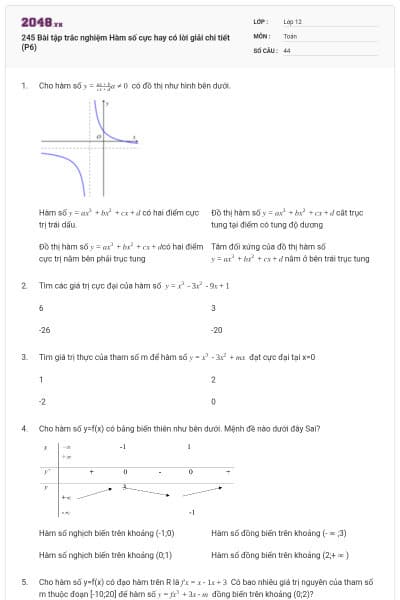 245 Bài tập trắc nghiệm Hàm số cực hay có lời giải chi tiết (P6)