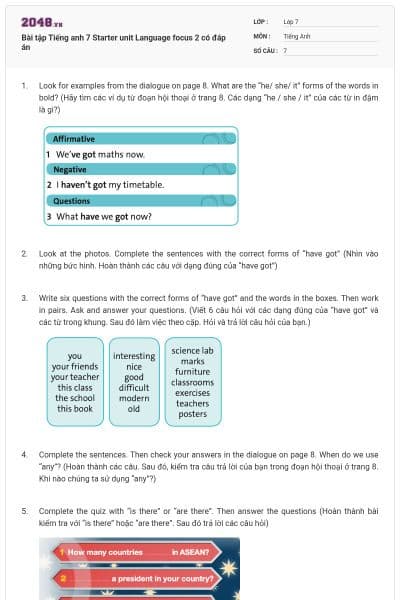 Bài tập Tiếng anh 7 Starter unit Language focus 2 có đáp án