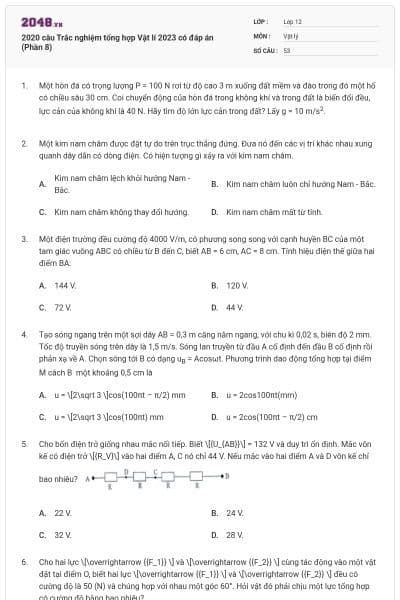 2020 câu Trắc nghiệm tổng hợp Vật lí 2023 có đáp án (Phần 8)