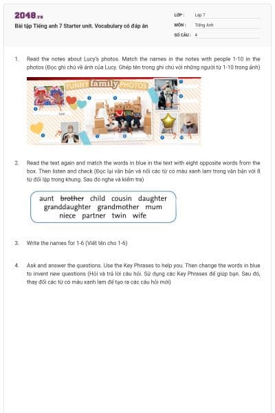 Bài tập Tiếng anh 7 Starter unit. Vocabulary có đáp án