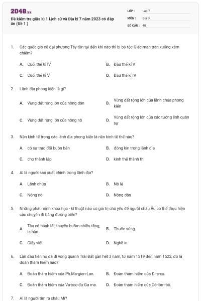 Đề kiểm tra giữa kì 1 Lịch sử và Địa lý 7 năm 2023 có đáp án (Đề 1 )