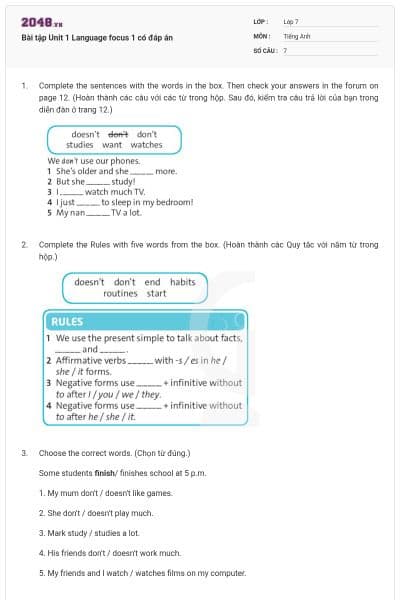 Bài tập Unit 1 Language focus 1 có đáp án