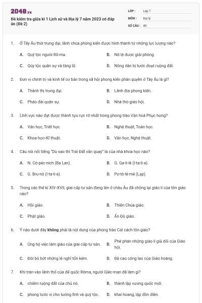 Đề kiểm tra giữa kì 1 Lịch sử và Địa lý 7 năm 2023 có đáp án (Đề 2)