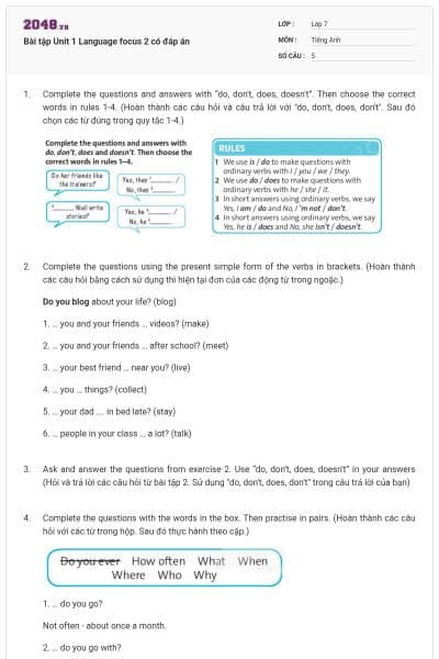 Bài tập Unit 1 Language focus 2 có đáp án