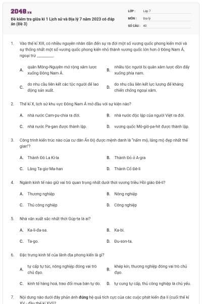Đề kiểm tra giữa kì 1 Lịch sử và Địa lý 7 năm 2023 có đáp án (Đề 3)