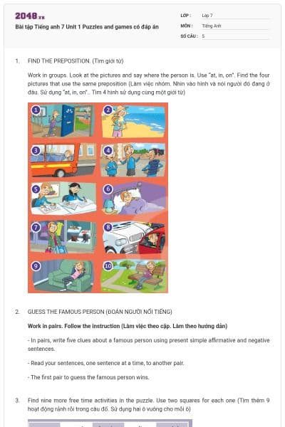 Bài tập Tiếng anh 7 Unit 1 Puzzles and games có đáp án