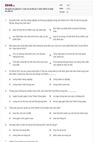 Đề kiểm tra giữa kì 1 Lịch sử và Địa lý 7 năm 2023 có đáp án (Đề 4)