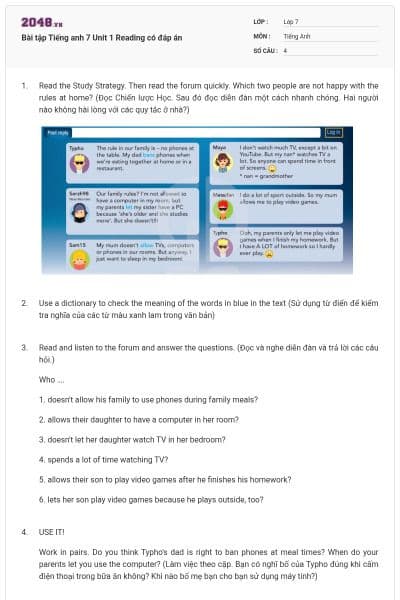 Bài tập Tiếng anh 7 Unit 1 Reading có đáp án