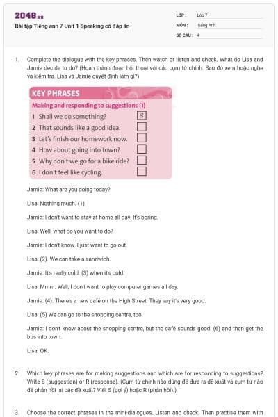 Bài tập Tiếng anh 7 Unit 1 Speaking có đáp án