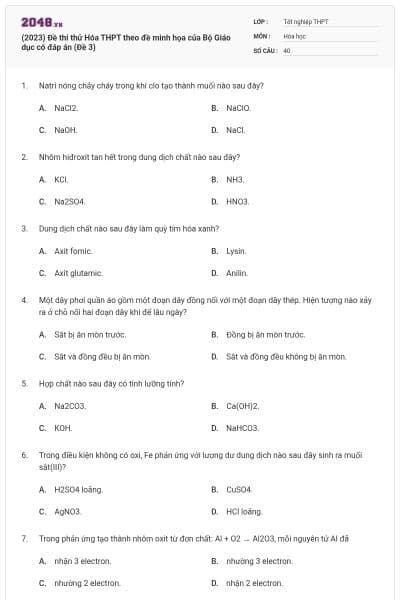 (2023) Đề thi thử Hóa THPT theo đề minh họa của Bộ Giáo dục có đáp án (Đề 3)