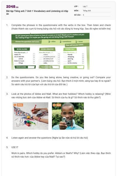 Bài tập Tiếng anh 7 Unit 1 Vocabulary and Listening có đáp án