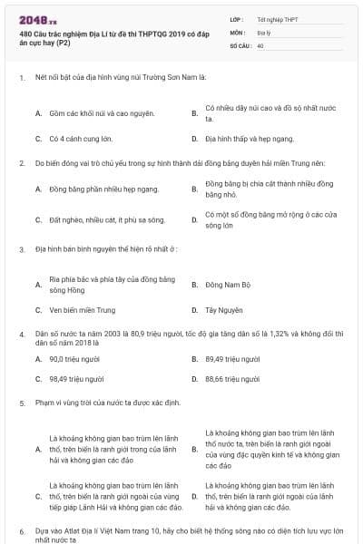 480 Câu trắc nghiệm Địa Lí từ đề thi THPTQG 2019 có đáp án cực hay (P2)