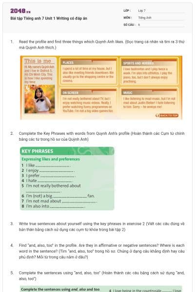 Bài tập Tiếng anh 7 Unit 1 Writing có đáp án