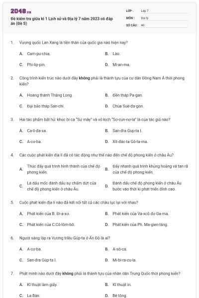 Đề kiểm tra giữa kì 1 Lịch sử và Địa lý 7 năm 2023 có đáp án (Đề 5)